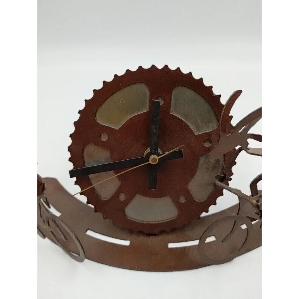 Desk, Mantle, Shelf Gear Gears Clock with Cyclists Bicycles Rust Look Steampunk
